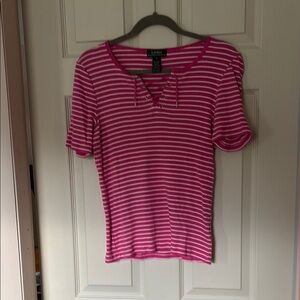 Lauren Ralph Lauren Pink and Black Ribbed Polo Tee